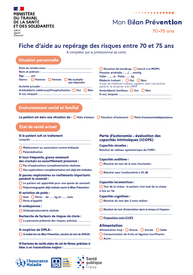 Fiche d'aide au repérage des risques entre 70 et 75 ans
